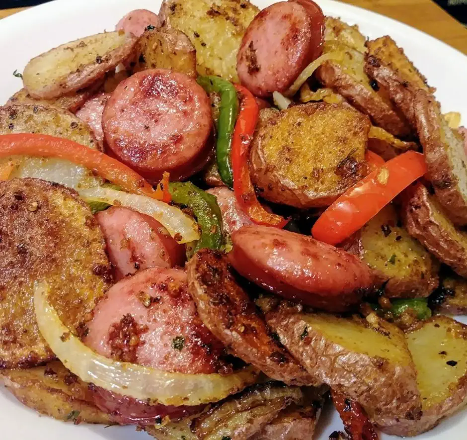 Fried Potatoes and Onions/Peppers with Smoked Sausage
