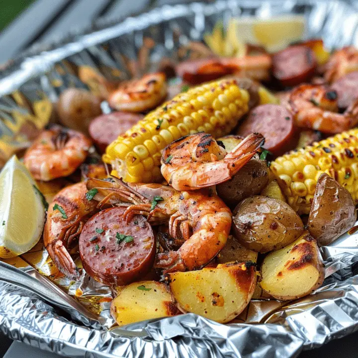 Grilled Shrimp, Corn, Potatoes, and Smoked Sausage Packets Recipe