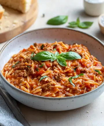 Ground Beef Orzo With Tomato Cream Sauce Recipe
