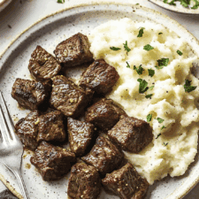 Garlic Parmesan Steak Bites With Mashed Potatoes Recipe
